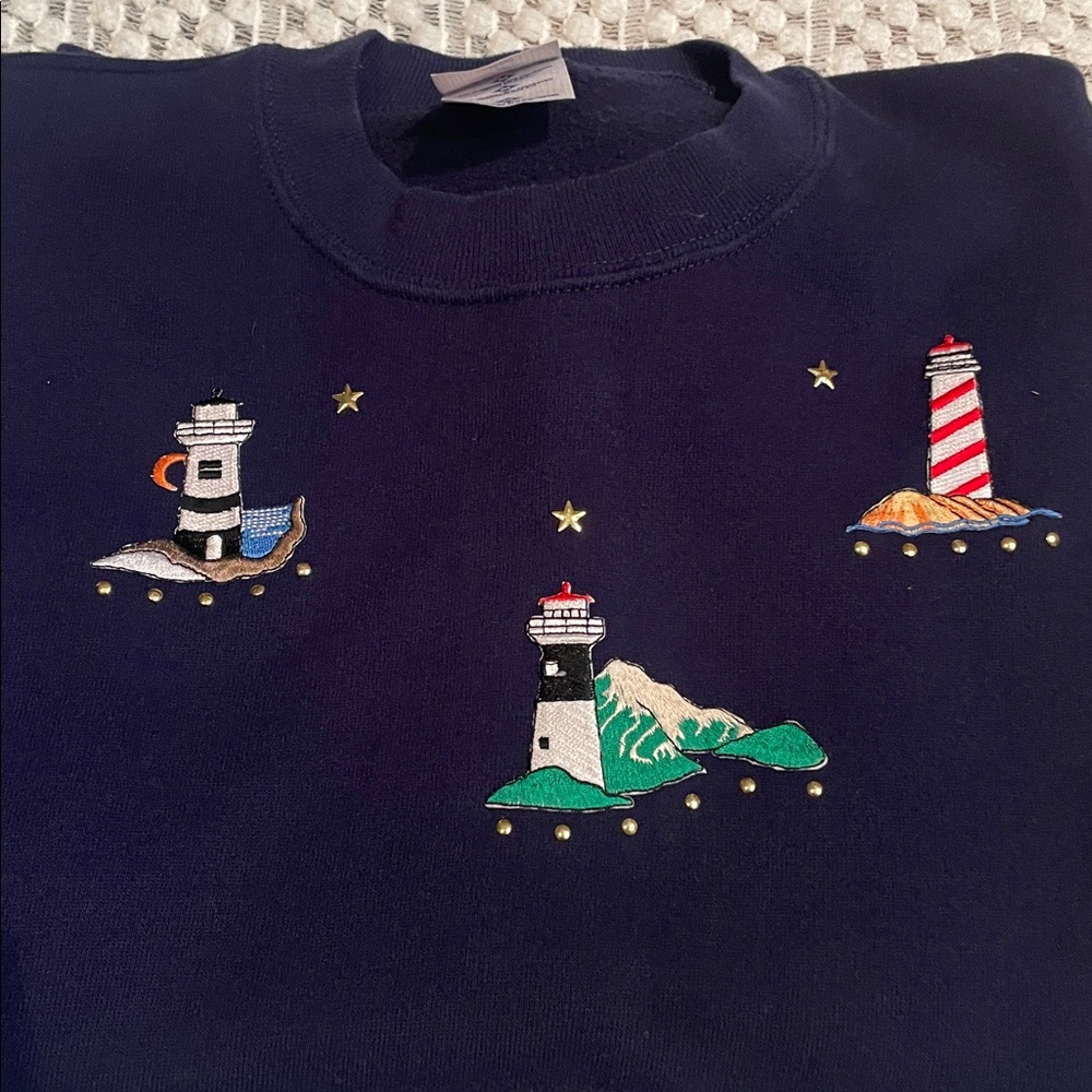 Vintage Jerzees Lighthouse Sweatshirt Navy Embroidered Crewneck Coastal Grandma - Picture 2 of 12